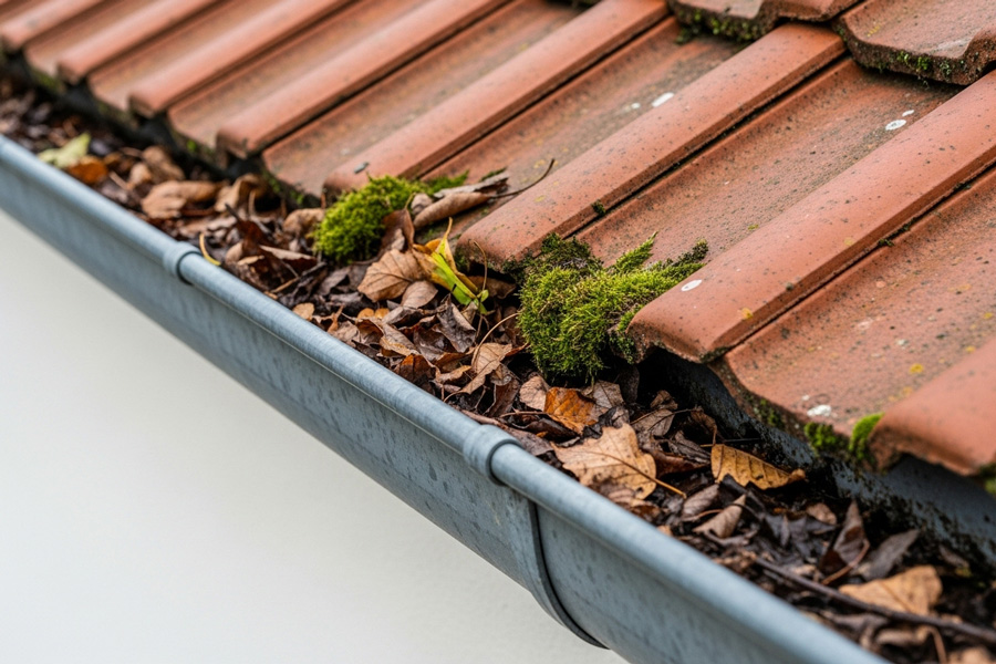 Verschmutzte Dachrinne mit Laub und Moos - Reinigungsbedarf Dachreinigung Blitz Verschmutzte Dachrinne mit Laub und Moos - Reinigungsbedarf Dachreinigung Blitz