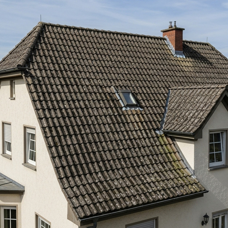 Verwitterte Betondachpfannen vor der Dachbeschichtung - Renovierungsbedarf Verwitterte Betondachpfannen vor der Dachbeschichtung - Renovierungsbedarf