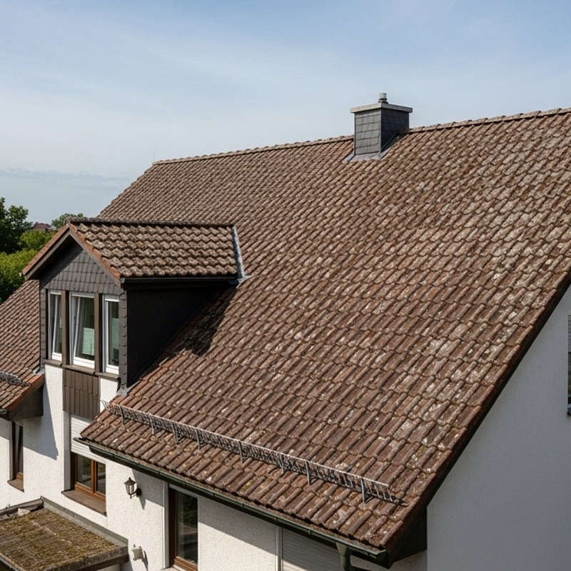 Alte Betondachpfannen vor der roten Dachbeschichtung - Zustand vorher Alte Betondachpfannen vor der roten Dachbeschichtung - Zustand vorher