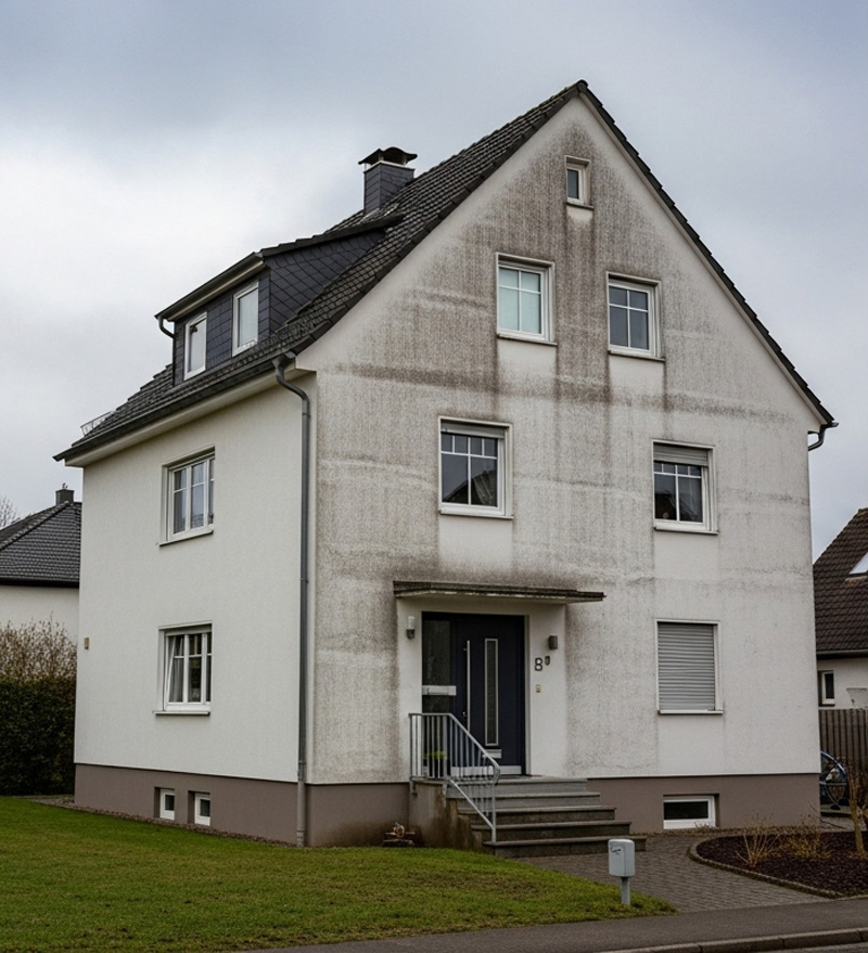 Verschmutzte Hausfassade vor der Reinigung - Reinigungsbedarf erkennbar Verschmutzte Hausfassade vor der Reinigung - Reinigungsbedarf erkennbar