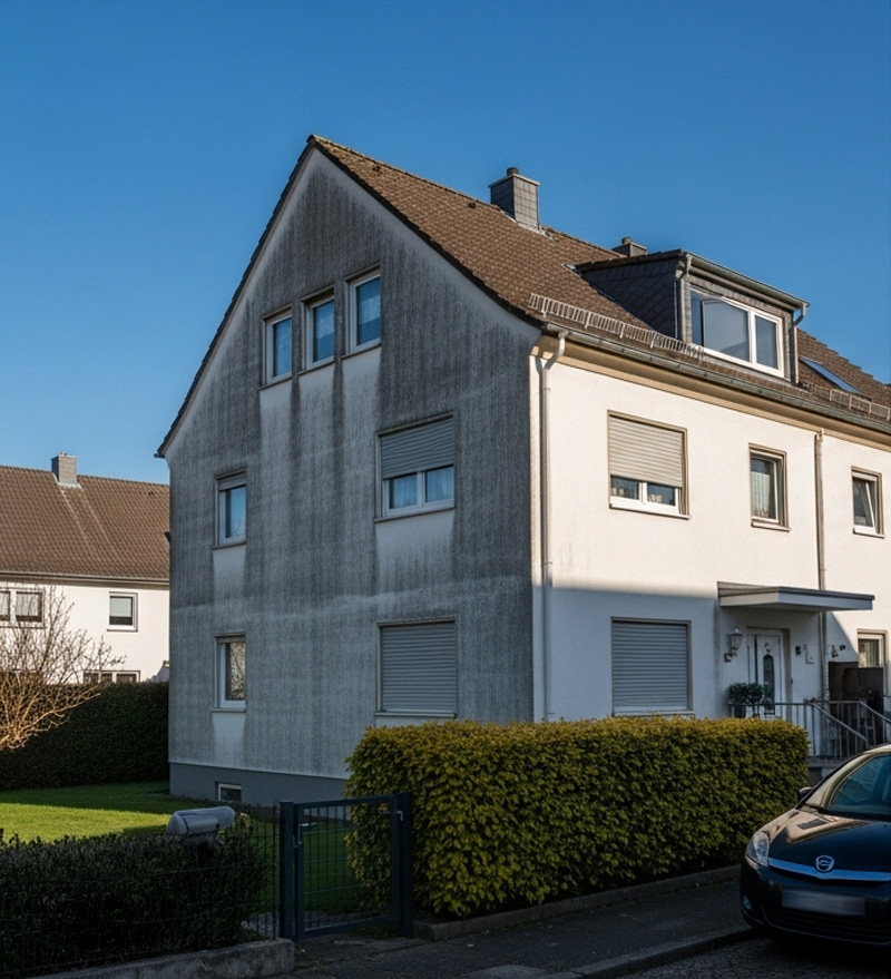 Fassade vor der Reinigung - Verschmutzungen und Verfärbungen sichtbar Fassade vor der Reinigung - Verschmutzungen und Verfärbungen sichtbar
