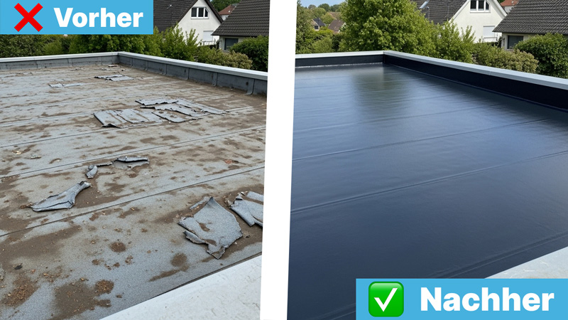 Undichtes Flachdach vor der Sanierung - Wasserschäden sichtbar in Bayern Nürnberg | Danach Saniertes Flachdach nach professioneller Abdichtung - Dachreinigung Blitz Bayern Undichtes Flachdach vor der Sanierung - Wasserschäden sichtbar in Bayern Nürnberg | Danach Saniertes Flachdach nach professioneller Abdichtung - Dachreinigung Blitz Bayern